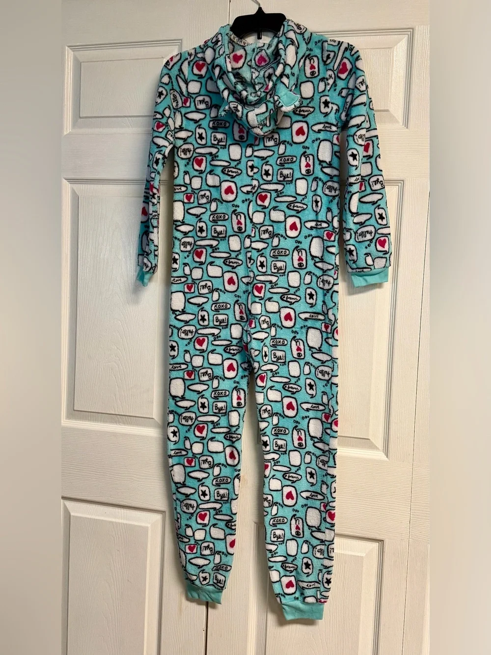 total girl Teal Fleece One-Piece Pajamas with Hearts and Speech Bubbles